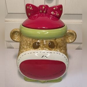 Girl Sock Monkey Christmas Cookie Jar/Canister With Bow 9x9x7